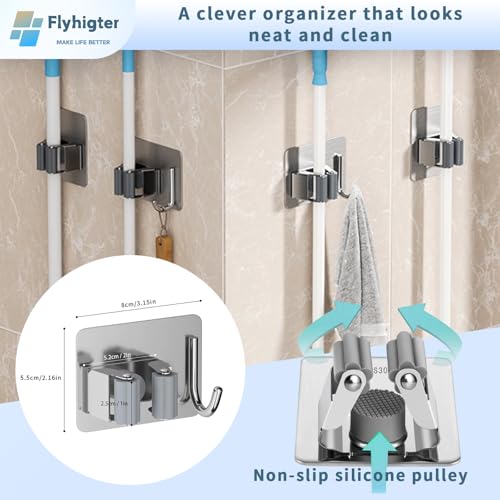 10 Pack Heavy Duty Mop and Broom Holder Wall Mount, No Drill Self Adhesive Stainless Steel Hanger with Hooks, Anti-Slip Tool Organizer for Bathroom, Kitchen, Garage, Laundry Room (10, Silver) - color: Silver-10
