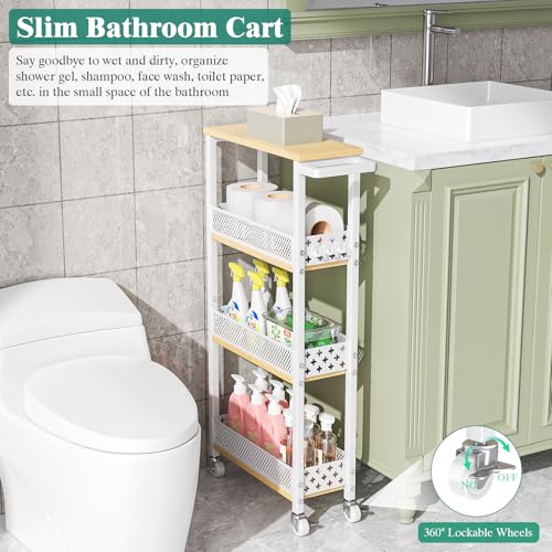 Giwil 4-Tier Slim Rolling Storage Cart for Kitchen Bathroom Organizer, Mobile Narrow Storage Cabinet Utility Cart with Wood Rack on Wheels for Pantry Laundry Small Space, White - size: White/Net Bar