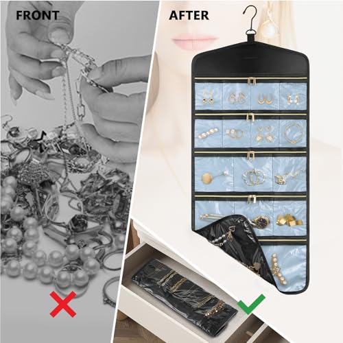 CHICECO Travel Jewelry Holder Organizer,Hanging Jewelry Organizer Storage with Zippered Pockets for Cloest,Jewelry Holder for Earrings, Necklaces (Blue Black) - color: Blue Black