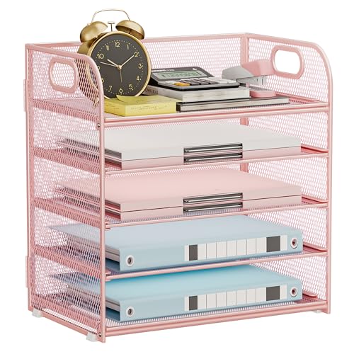 5-Tier Stackable Paper Organizer with Handle, Pink Metal Mesh Letter Tray | Stylish Desk File Sorter for Office, Home & Classroom Supplies - color: Pink, size: 12.6" x 9.1" x 13.4"