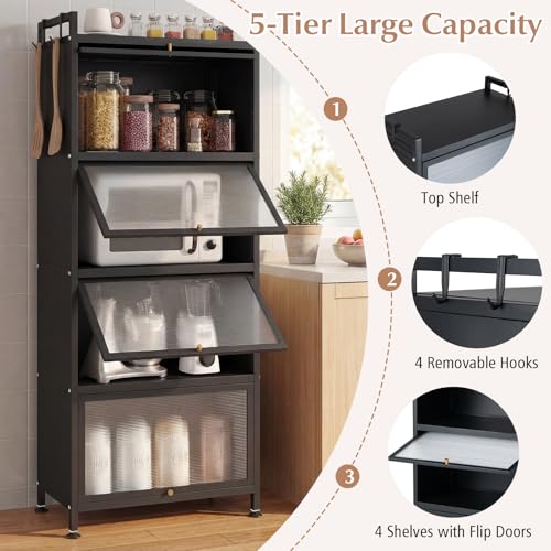 Giantex 5-Tier Kitchen Storage Cabinet, Mobile Microwave Stand with Flip-up PC Doors, Freestanding Kitchen Bakers Rack with 4 Rolling Casters, for Dining Room, Living Room and Study, Black - color: Black