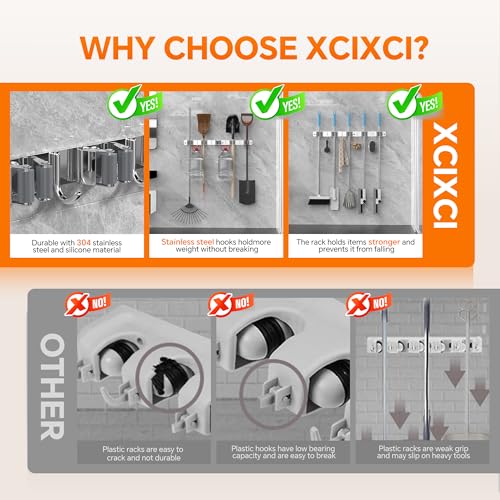 5 Grippers Broom Holder Wall Mount with 4 Hooks Stainless Steel Mop and Broom Organizer Self Adhesive or Screw Fixing for Garden Tool Rack Closet Laundry Room Kitchen Garage Storage Utility Hook - color: A-Silver, size: 5PCS Gripper