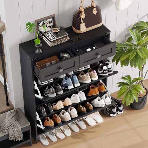 Halitaa Shoe Cabinet with 2 Flip Drawers & 2 Drawers,Farmhouse Shoe Storage Cabinet for Entryway,Slim Freestanding Narrow Organizer Rack for Front Door Entrance,Black - color: Black, style: 2-Drawers