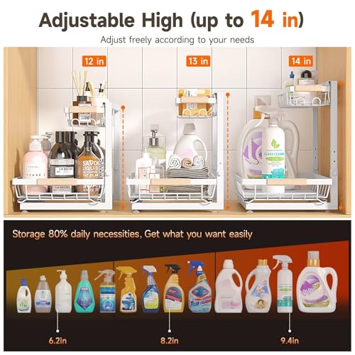 Sevenblue 2 Packs Under Sink Organizer, Height Adjustable 2 Tier Under Kitchen Sink Organizer, Multi-Purpose Storage Shelf for Kitchen Bathroom Cabinet (White, Extra Large) - color: White, size: Extra Large