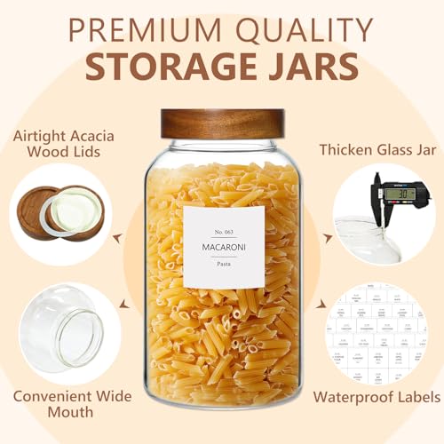 KEYWING 88oz Large Glass Jars with Airtight Acacia Wood Lids, Set of 3 Food Storage Containers for Flour, Sugar, Rice, Pasta, Cereal, Cookies – Includes 126 Labels - size: 88 Fl.oz