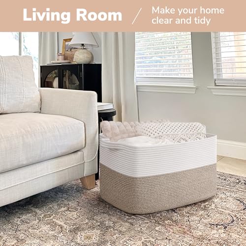 Goodpick Large Blanket Basket 22" x 17" x 12" Woven Storage Baskets for Organizing, Rectangle Cotton Rope Basket for Living Room Bedroom, Toy Baskets Storage Kids, White & Brown - color: Light Brown, size: 22"L x 17"W x 12"H