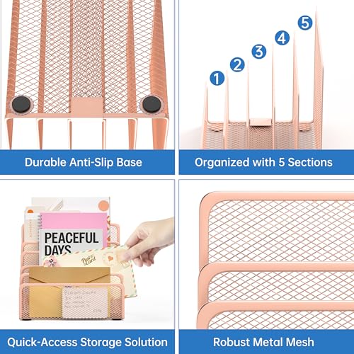 Mail Organizer Countertop with 5 Slot, Metal Mail Holder for Desk, File Holder Letter Sorter for Envelope, Bill and Document (Rose Gold) - color: Rose Gold