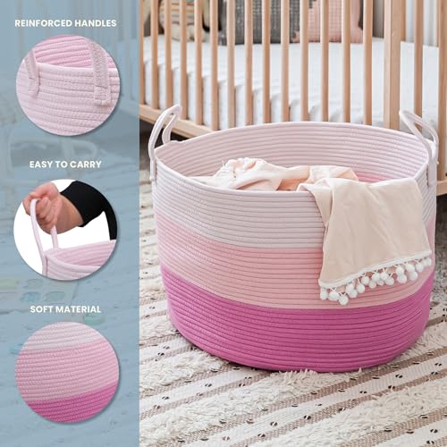 OrganiHaus Large Woven Storage Basket for Blankets and Toys 20" x 13" Inch, Rope Laundry Basket with Handles, Cushions & Pillows Storage Bin, Nursery Hamper, Soft Round Dog Toy Bin - Pink - color: 3-toned Pink, size: Wide