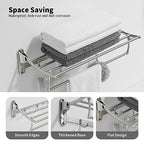 BESy 24 Inch Brushed Nickel Towel Racks, Bathroom Towel Shelf with Foldable Towel Bar Holder and Towel Hooks, Wall Mounted Multifunctional Bathroom Accessories, Double Towel Bars - color: Brushed Nickel