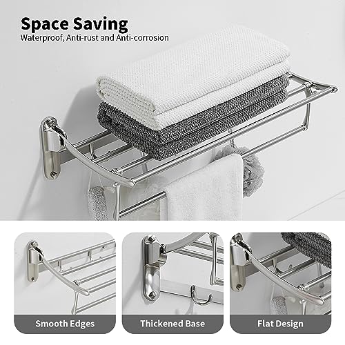 BESy 24 Inch Brushed Nickel Towel Racks, Bathroom Towel Shelf with Foldable Towel Bar Holder and Towel Hooks, Wall Mounted Multifunctional Bathroom Accessories, Double Towel Bars - color: Brushed Nickel