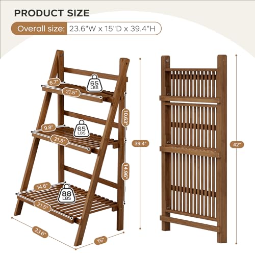 39.4" Bamboo Ladder Shelf Plant Shelf, 3 Tier Foldable Ladder Flower Pot Display Shelf Rack, 23.6"W x 15"D x 39.4"H, Freestanding Bookshelf for Garden, Balcony, Yard, Patio, Lawn, Living Room, Walnut - color: 3-tier Walnut
