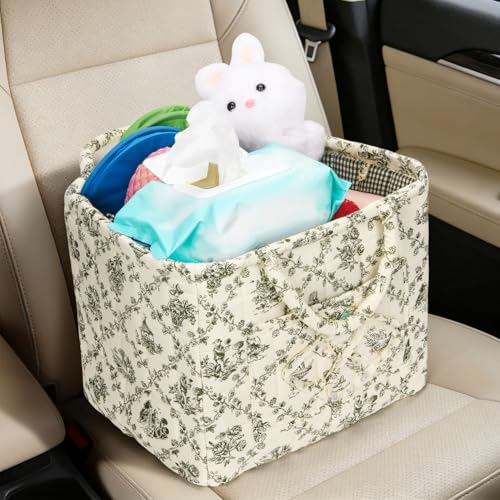 Quilted Fabric Basket Foldable Car Storage Boho Floral Laundry Basket Hamper for Nursery Bedroom & Living Room | Organize Clothes Toys - color: Green French Country