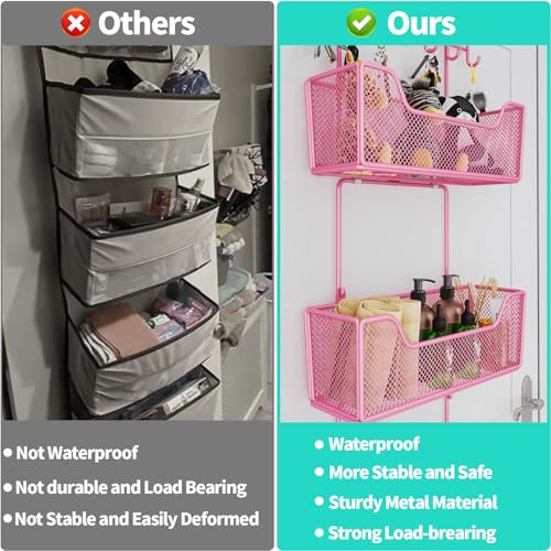 HapiRm Over Door Organizer Storage - Hanging Door Organizer with 4 Metal Large Capacity Baskets and Adjustable Coat Hook for Bathroom Bedroom Kitchen Pantry Closet Cabinet - color: Pink