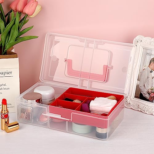 JUXYES Plastic Fishing Tackle Box Organizer with Removable Dividers, Clear Fishing Tackle Storage Boxes with Handle, 2 Layer Fishing Tackle Tray Box Lure Box, Red - color: Red