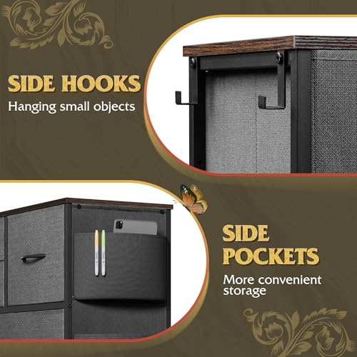 WLIVE Dresser for Bedroom with 10 Drawers, Fabric Dresser Chest of Drawers with Side Pockets and Hooks, Sturdy Metal Frame, Drawers Organizer Unit for Room, Hallway, Dark Gray - color: Dark Gray