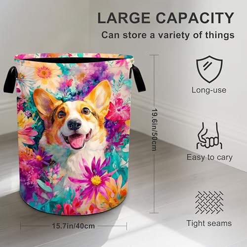 Dog Flower Laundry Basket Storage Bin Foldable Laundry Hamper Clothes Storage Bucket Organizer 19.6x15.7 Inch For Laundry Room/Bedroom/Bathroom - color: Dog Flower