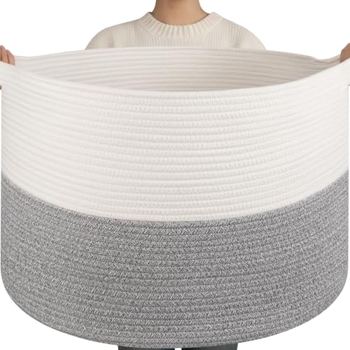 OIAHOMY 115L Extra Large Blanket Basket, 23.6" x 15.4" Woven Cotton Rope Laundry Basket for Organizing Pillows, Decorative Stuffed Animal Toy Storage Bin for Nursery, White and Light Grey - color: White and Light Grey, size: 23.6"D x 15.4"H