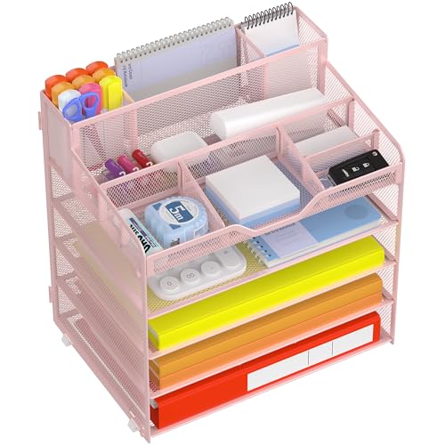 Docnest 5 Tier Mesh Desk Organizer for Paper Office Supplies – Multi-Functional Letter Tray with 5 Adjustable Compartments, 3 Pen Holders, Desktop Storage for Files, Mail, Stationery – Pink - color: Pink, size: 12.7" x 9.1" x 13.2"