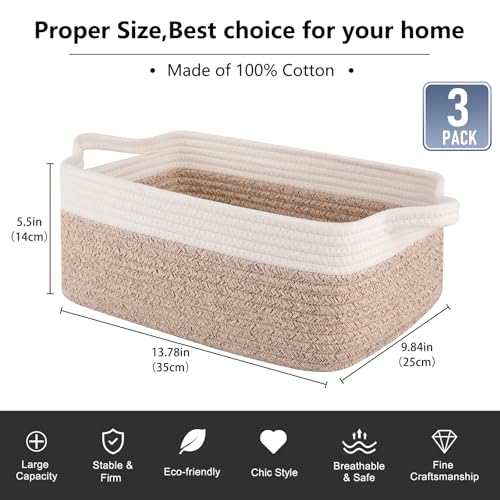 OIAHOMY 3 Pack Storage Baskets for Organizing, Woven Cotton Rope Basket for Shelves, Closet Organizer Bins with Handles, Rectangle Toy Organization, 13.78''×9.84''×5.5'', Brown & White - color: Brown variegated, size: 13.8''×9.8''×5.5''