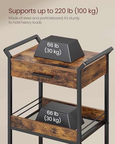 VASAGLE Storage Cart, 3-Tier Rolling Utility Cart with Table Top, Handles, 4 Lockable Casters, Top Drawer, Mesh Shelves, for Kitchen, Bathroom, Bedroom, Rustic Brown and Ink Black ULRC048K01 - color: Rustic Brown + Ink Black, size: 3 Tiers (27.8"H)