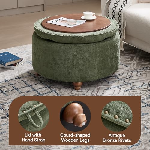 WUTUTUEE 30Inch Round Storage Ottoman with Tray, Modern Tufted Circle Coffee Table with Storage, Upholstered Ottoman with Removable Top for Living Room, Bedroom, Chenille Green - color: Chenille Green, size: 30 Inch