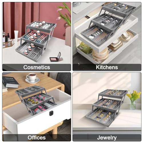 3 Tier Drawer Organizer Collapsible, Multi Level Drawer Organizer, Junk Drawer Organizer for Office, Makeup, Jewelry, Vanity, Kitchen(1 Row 3 Tier)