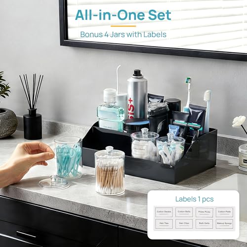 Vtopmart 5 PCS Bathroom Countertop Organizer, 1 Divided Tray with 4 Qtip Holder Jars, Restroom Clear Organizers for Toothbrush, Cotton Pads Balls, Floss, Bathroom Vanity Accessories Storage Set, Black - color: Black