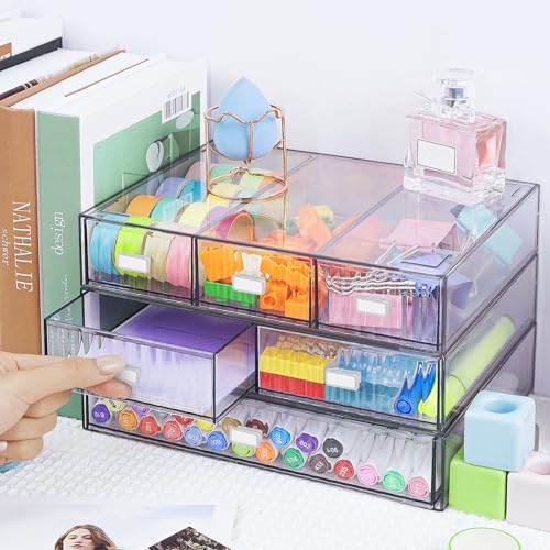 3 Tier Stackable Desk Organizer with 6 Drawers, YOCOMEY Plastic Desktop Storage Box Drawers, Detachable Makeup Storage Office Stationery Supplies Organizer for Office School(Clear) - color: Clear