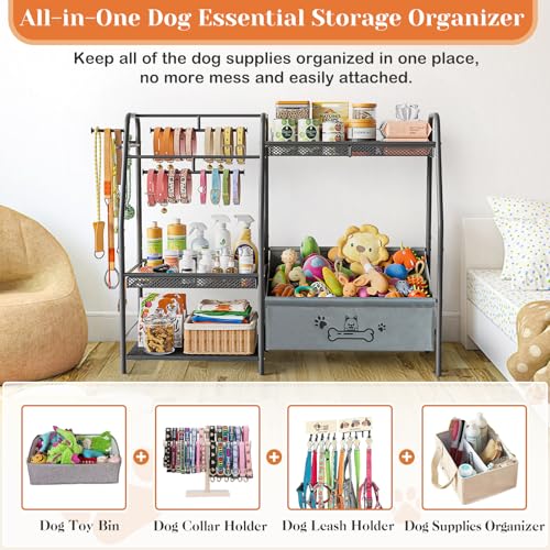 Lomivra Large Dog Toy Basket with Dog Storage Organizer, Trapezoid Toy Bin Box with Collar Leash Holder Hook, Dogs Toy Holder Chest Pet Storage Cabinet for Living Room Dogs Essentials - color: Black