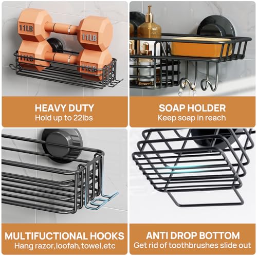 LEVERLOC Shower Caddy Suction Cup, 3 Pack Heavy Duty Bathroom Organizer for Inside Shower with Hooks & Soap Holder, Removable Bathroom Holder, Rustproof Black Storage - color: Black, size: 3 × Medium