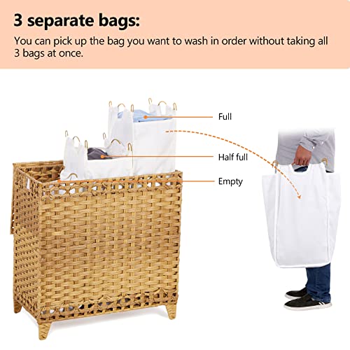 Laundry Hamper with 3 Removable Liner Bags; 132L Handwoven Rattan Laundry Basket with Lid & Heightened Feet; Clothes Hamper with Side Handles; Laundry Sorter with 3 Separate Sections - color: Natural, size: 132L-3 Section