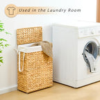 Handwoven Slim Laundry Hamper with Lid, Narrow Wicker Laundry Basket, Natural Water Hyacinth Basket and Handleswith Removable Liner Bag & 2 Mesh Bags (Natural with Lid, 55L) - color: Hyacinth with Lid, size: 55L