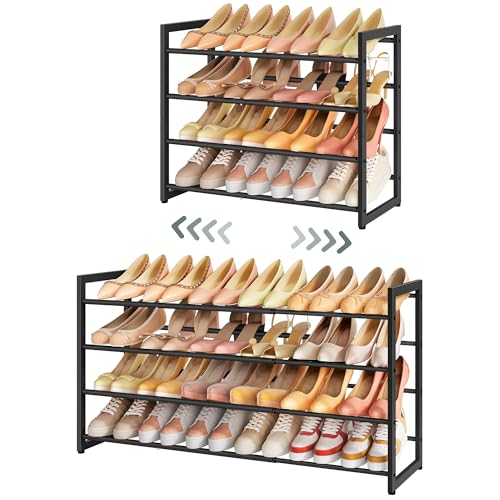 FAVOOSTY 4-Tier Expandable Shoe Rack, Adjustable Shoe Shelf Storage Organizer Space Saving Metal Free Standing Shoe Rack for Entryway Closet Doorway, Black - color: Black, size: 4 Tier