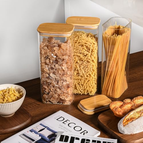 D2scrma 71oz Rectangle Airtight Glass Storage Containers with Bamboo Lids (Set of 3), Square Food Storage Jar, Pantry Organizers for Sugar, Flour, Spaghetti and Coffee beans (‎with Black Lable)