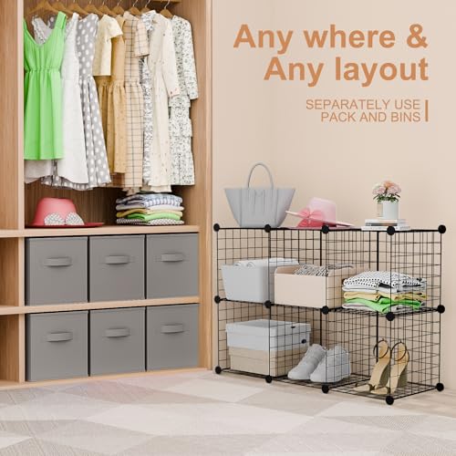 Leinuosen 6 Cube Storage Organizer with 6 Foldable Fabric Storage Bins, Metal Wire Grid Shelves, Stackable Modular Closet Organizer for Bedroom Living Room Office Toys Books(Black,Gray) - color: Black,Gray