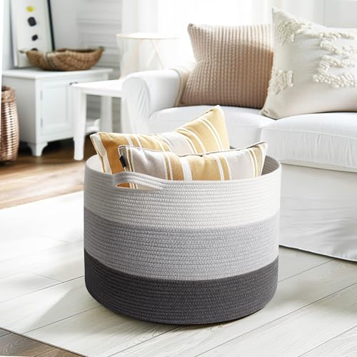 Extra Large Blanket Basket - Cotton Rope Basket for Storage, Blanket Storage for Living Room, Round Kid Dog Toy Bin Box, Large Woven Throw Pillow Holder Organizer, Towel Shoe Bin(22"x14") - color: 3-toned Gray