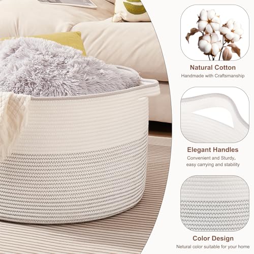 OIASKET Large Blanket Basket with Handles, 22.8" x 22.8" x 13" Woven Storage Basket for Living Room, Cotton Rope Baby Toy Storage for Clothes, Pillows, Towels-Black and White - color: Black & White, size: 90L