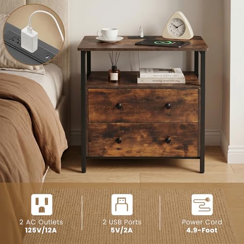 Edbuosy 27 inch Wide Night Stand Set 2 with Charging Station, Bedside Table with Open Shelf, 2 Drawers Small Wood Dresser, Modern Wood Nightstand for Bedroom/Living Room (Retro Brown) - color: 2 Pack, Retro Brown, size: 2 Drawers