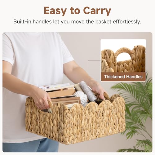 StorageWorks Scalloped Water Hyacinth Baskets, Hand-woven Rattan Baskets with Built-in Handles, Cute Baby Basket for Nursery, Basket for Organizing and Decor, 16½"L x 13"W x 7½"H - color: Water Hyacinth(Natural), size: 16½"L x 13"W x 7½"H