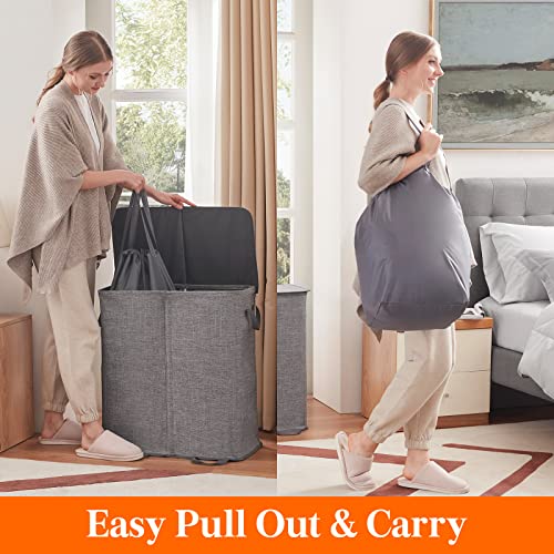 Lifewit Double Laundry Hamper with Lid and Removable Laundry Bags, Large Collapsible 2 Dividers Dirty Clothes Basket with Handles for Bedroom Laundry Room Closet Bathroom College, 155L Grey - color: Gray, size: 155L