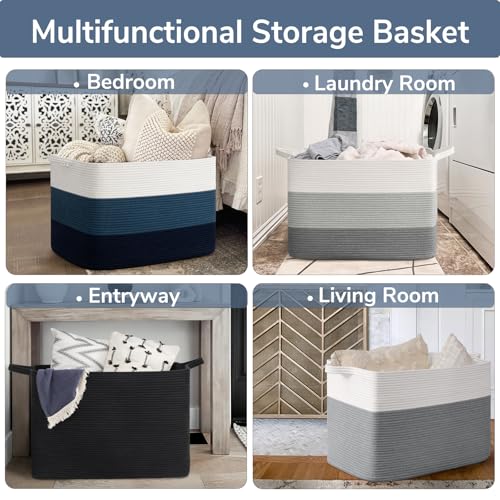 Goodpick 105L Extra Large Woven Basket 25" x 16" x 16" Cotton Rope Storage Baskets for Organizing, Rectangle Blanket Basket Living Room, Toy Storage Baskets for Kids, Blue - color: Light Blue, size: XX-Large(25"L x 16"W x 16"H)