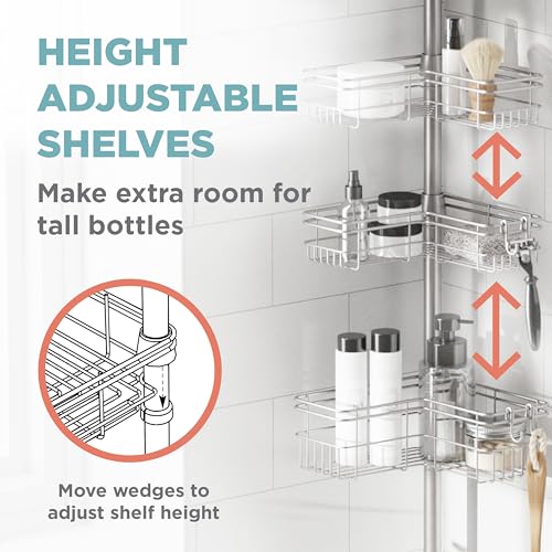 Zenna Home Tension Pole Shower Caddy Corner Organizer, Adjustable Standing Shower Caddy with 4 L-shaped Baskets and Hooks, Rust Resistant Bathroom Tension Rod Organizer, 60 to 97 Inch, Satin Nickel - color: Satin Nickel