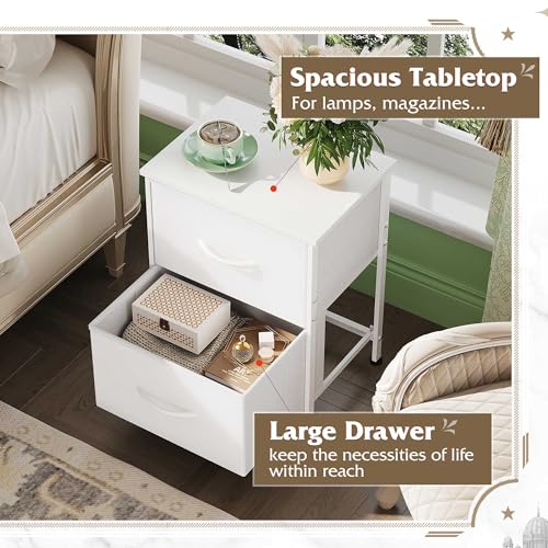 WLIVE White Night Stand, Small Dresser with 2 Drawers & Wooden Top, Nightstand with Fabric Bins, Bedside Table End Table for Bedroom, Closet, Entryway, College Dorm, White - color: White, size: 11.8"D x 15.7"W x 20.9"H