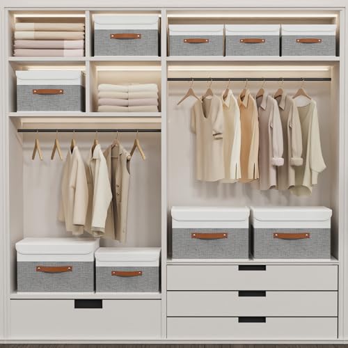 Yawinhe Collapsible Storage Bin, Cube Organizer Basket, Fabric Box with Lids, Washable and Leather Handle, for Home, Closet, White/Grey, 13.0''Lx9.0''Wx7.9''H, 1-Pack, SNK024WGS-1 - color: White/Grey, size: M/(1 Pack)