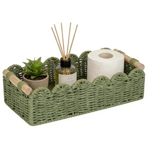 Upgraded Paper Rope Scalloped Edge Toilet Paper Storage Basket, Small Living Room, Bedroom Decor Baskets for Over Toilet Storage Shelf, End Table, Shelves and More, with 2 Wooden Handle (Green) - color: Green