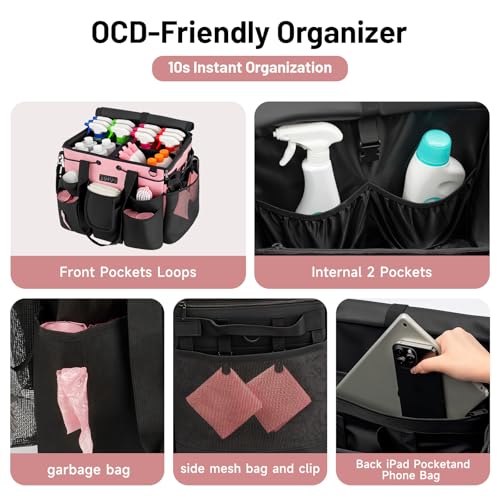 Large Cleaning Caddy for Cleaning Supplies Organizer, Rolling Cleaning Caddy Bags with Wheels for Housekeepers, Cleaning Carts on Wheels for Home Car Office Picnic - color: Black-pink