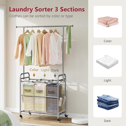 Tajsoon Laundry Hamper with Hanging Rack, 3 Section Laundry Sorter with Heavy Duty Lockable Wheels, Laundry Basket Organizer for Dirty Clothes Storage, 3 Beige - color: Beige, size: 3 bag