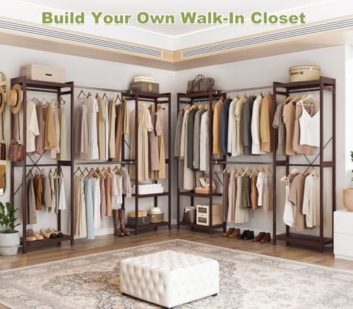 Homykic Bamboo Closet System, 71"-91" Expandable Clothing Rack with 5 Hanger Rods & Shelves, 6.6ft Tall Garment Rack Organizer for Walk-in Closet Bedroom, Max Load 850LBS, Easy to Assemble, Espresso - color: Espresso, size: 91"Wx14.2"Dx79"H