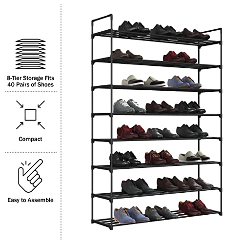 Home-Complete Shoe Rack - 8-Tier Shoe Organizer for Closet, Bathroom, Entryway - Shelf Holds 40 Pairs Sneakers, Heels, Boots (Black) - color: Black, size: 8-Tier