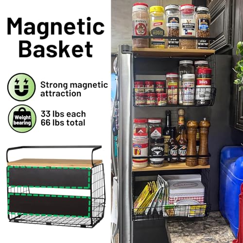 2 Set Magnetic Shelf for Refrigerator with Wood Lid, Fruit Potato & Onion Storage Bins, Pantry Organizers & Storage, Large Container Magnetic Spice Rack for Refrigerator, Kitchen Counter, Cabinet - color: Black, size: 2-Regular
